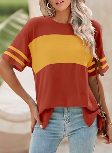 Angerella Womens Color Block Tops 2025 Summer Striped Short Sleeve T-Shirt Casual Crewneck Tunic Blouses Loose Fitted