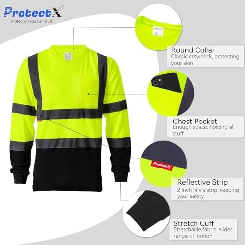 ProtectX Men's High Visibility Heavy Duty Long Sleeve Reflective Safety T-Shirts for Construction, Class 2-3 Type R