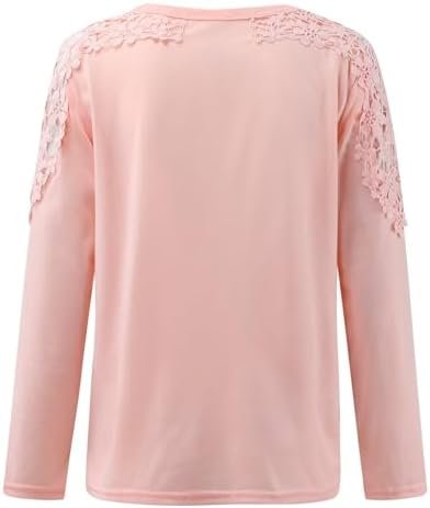 Generic Fall Shirts for Women 2024 Trendy Crew Neck Long Sleeves Blouses Tops Dressy Casual Lace Floral Shoulder Basic Shirt