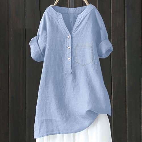 Boho Linen Shirts for Women 2025 Gauze Short Sleeve V Neck Button Loose Fit Blouses Vacation Dress Casual Tunic Tops