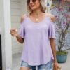 41fry5dt7eL._AC_.jpg Eyelet Tops for Women Short Sleeve T Shirts Summer Spring Fashion 2025 Trendy Clothes Cold Shoulder Blouses