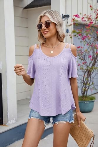 41fry5dt7eL._AC_.jpg Eyelet Tops for Women Short Sleeve T Shirts Summer Spring Fashion 2025 Trendy Clothes Cold Shoulder Blouses