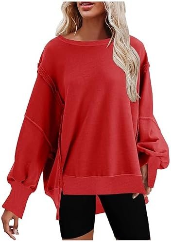 SMIDOW Womens Oversized Crewneck Sweatshirts Hoodies Fall 2023 Fashion Warm Y2k Clothes Casual Slit Sloucthy Pullover Tops