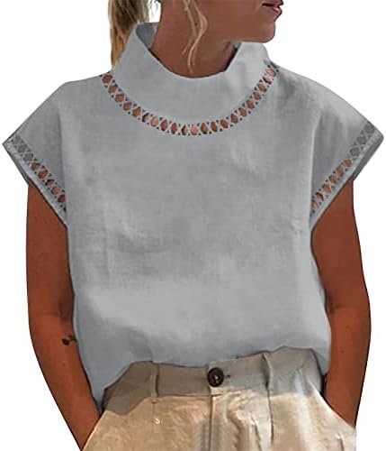 41h5zVF0EZL._AC_.jpg Womens Tshirts Cotton Linen High Neck Cap Sleeve Shirt Summer Fashion Casual Cotton Linen Blouses Trendy Tops