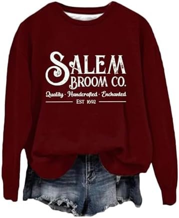 Generic Halloween Sweatshirts for Women 1692 Salem Broom Co Graphic Pullover Crewneck Long Sleeve Shirts 2024 Fall Outfits