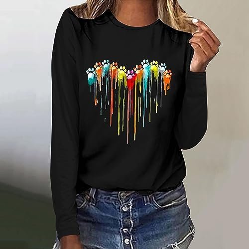 41hNHbUBbJL._AC_.jpg Dog Paw Love Heart Print T-Shirt for Women Long Sleeve Cute Graphic Tees Tops Crewneck Shirts