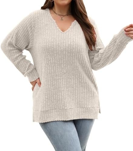 41huULZr6HL._AC_.jpg Gloria&Sarah Women's Casual Long Sleeve V Neck Lightweight Knitted Sweaters Loose Fit Plus Size Tunic Tops L-4XL