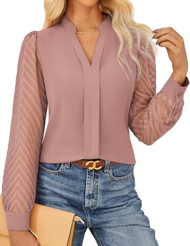 41iJpUVTw2L._AC_.jpg GRACE KARIN Women Business Casual Tops Sheer Lace Long Sleeve Blouses Work Office Pleated V Neck Shirt Fall Formal Outfits