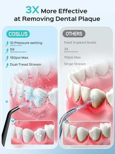 COSLUS Portable Water Flosser for Teeth: 10 Pressure Settings Professional Water Dental Pick for Orthodontic, Braces & Sensitive Gums - Cordless for Travel Use, for Adults Teens, BPA-Free, E40