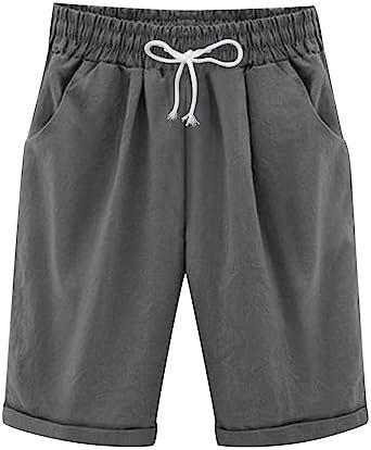 Bermuda Shorts for Women Knee Length Cotton Linen Elastic Waist Drawstring Shorts Summer Capris Pants with Pockets