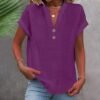 Linen Shirts for Women Summmer Short Sleeve Casual Tops Henley Vcation Beach Lounge Button Lightweight Tunic Blouse