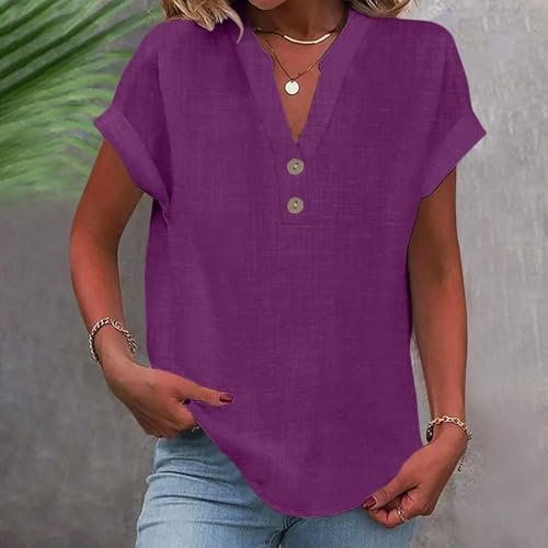 Linen Shirts for Women Summmer Short Sleeve Casual Tops Henley Vcation Beach Lounge Button Lightweight Tunic Blouse