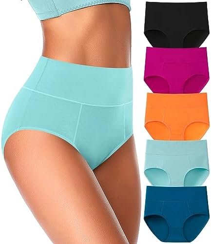 ASIMOON High Waisted Cotton Underwear for Women Plus Size Slight Tummy Control Full Coverage Panties Briefs Ladies Pack