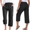 Capri Pants for Women Casual Summer Cotton Linen Capris Drawstring Elastic High Waist Pants Wide Leg Cropped Trouser 2025 New