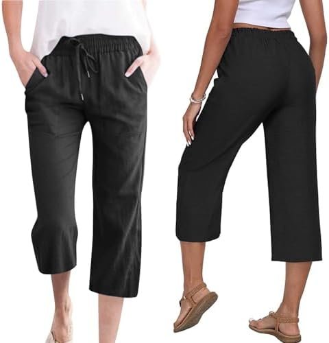 Capri Pants for Women Casual Summer Cotton Linen Capris Drawstring Elastic High Waist Pants Wide Leg Cropped Trouser 2025 New