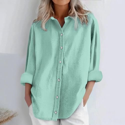 Women's Solid Collared Linen Shirts - 2025 Lightweight Summer Beach Tops, Long Sleeve Boho Button Down Casual Blouses
