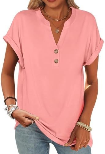 41mFNH949L._AC_.jpg ANRABESS Womens Short Sleeve Henley Tops V Neck Dressy Casual Blouses Summer Trendy Tee Shirts 2025 Vacation Fashion Clothes