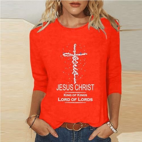 Women Easter Day Tops Jesus Cross Printed Tee Casual Christian Blouse 3/4 Sleeve T-Shirt Religious Blouses