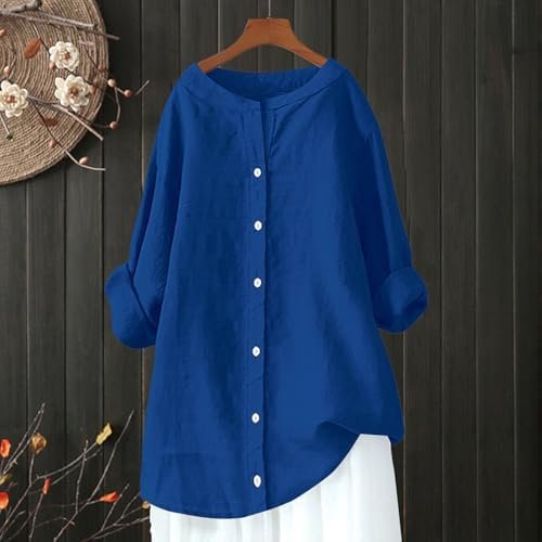 Women's Solid Collared Linen Shirts - 2025 Lightweight Summer Beach Tops, Long Sleeve Boho Button Down Casual Blouses