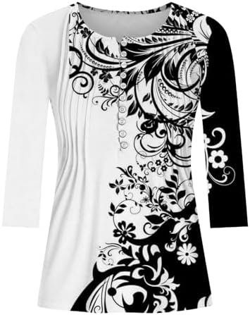 SHAOBGE Fall 3/4 Sleeve Tops for Women 2024 Floral Print Casual Shirts V Neck Button Oversized Comfy Lightweight Y2k Blouses