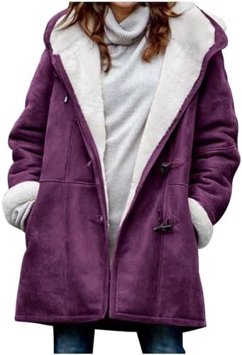 Womens Sherpa Lined Jackets Fashion Winter Fuzzy Fleece Hoodie Sweatshirt Casual Soft Cozy Horn Button Down Coats