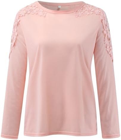 Generic Fall Shirts for Women 2024 Trendy Crew Neck Long Sleeves Blouses Tops Dressy Casual Lace Floral Shoulder Basic Shirt