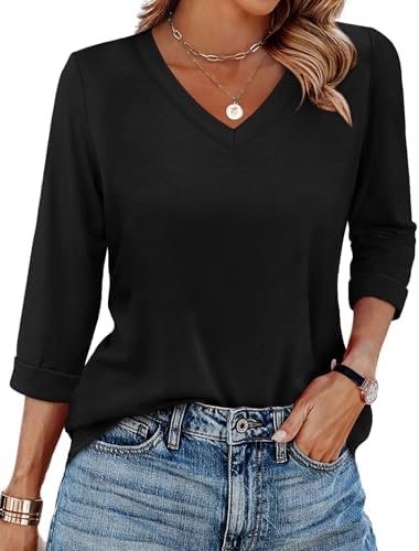 WIHOLL Womens Tops 3/4 Length Sleeve V Neck Casual Tunic Tops Basic Shirts Loose Fit Blouse