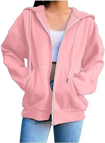 Women's Zip Up Hoodies Casual Fall Fashion Oversized Sweatshirts Y2K Teen Girl Cute Long Sleeve Jackets with Pockets