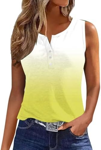 Generic Womens Summer Tank Tops 2024 Fashion Ombre Color Sleeveless V Neck Button Tunic Blouses Casual Loose Basic Tee Shirts