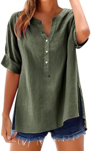 41oczPTH5QL._AC_.jpg Linen Shirts for Women 2025 Summer Cotton Button Down Short Sleeve Blouses Casual Oversized Solid Color Tunic Tops