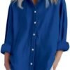 Women's Solid Collared Linen Shirts - 2025 Lightweight Summer Beach Tops, Long Sleeve Boho Button Down Casual Blouses