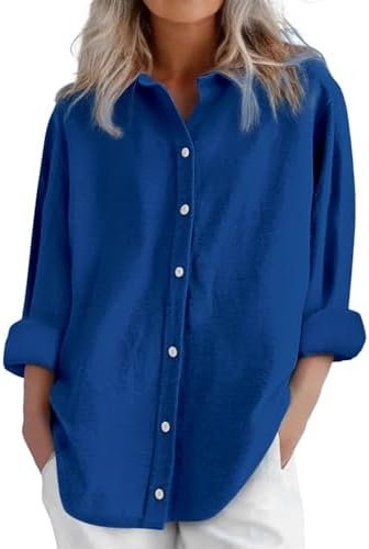 Women's Solid Collared Linen Shirts - 2025 Lightweight Summer Beach Tops, Long Sleeve Boho Button Down Casual Blouses