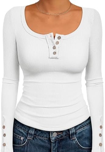 Kissfix Womens Long Sleeve Shirts Fall Clothes Henley Tops Business Casual Ribbed Blouses Fashion Trendy Outfits 2025