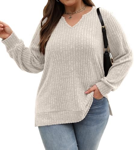 41pWTO74vuL._AC_.jpg Gloria&Sarah Women's Casual Long Sleeve V Neck Lightweight Knitted Sweaters Loose Fit Plus Size Tunic Tops L-4XL