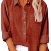 Linen Shirts for Women Button Down Plain T-Shirts Long Sleeve Collared Casual Blouses Dressy Work Tops with Pockets