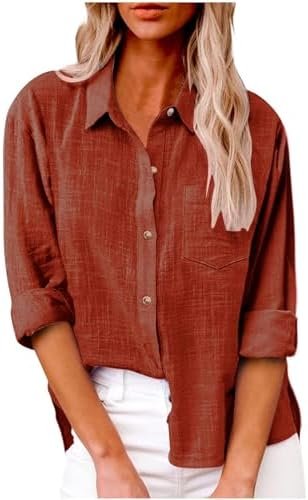 Linen Shirts for Women Button Down Plain T-Shirts Long Sleeve Collared Casual Blouses Dressy Work Tops with Pockets