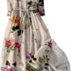 Cotton Linen Dresses for Women 2024 Maxi Button Down Plus Size A Line Dress Trendy 3/4 Sleeve Floral Dress Summer Dresses