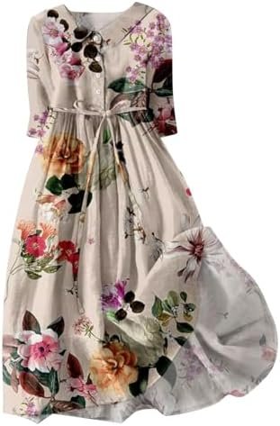 Cotton Linen Dresses for Women 2024 Maxi Button Down Plus Size A Line Dress Trendy 3/4 Sleeve Floral Dress Summer Dresses