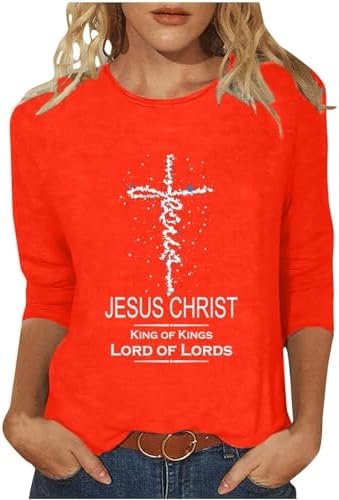 Women Easter Day Tops Jesus Cross Printed Tee Casual Christian Blouse 3/4 Sleeve T-Shirt Religious Blouses