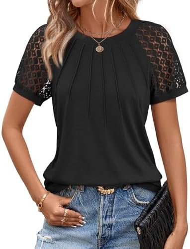 ATHMILE Womens Blouses Business Date Outfits Spring Summer Fall Work Tops Fashion Lace Short Sleeve Casual Shirts 2025