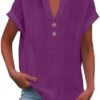 Linen Shirts for Women Summmer Short Sleeve Casual Tops Henley Vcation Beach Lounge Button Lightweight Tunic Blouse