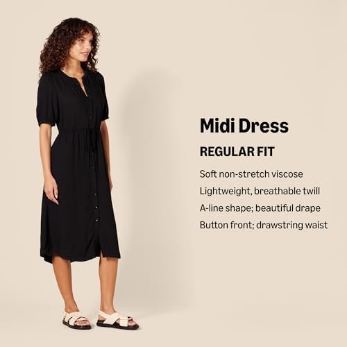 Amazon Essentials Women's Fit and Flare Half-Sleeve Waisted Midi A-Line Dress with Pockets