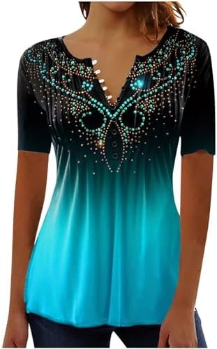 Summer Tops for Women 2025 Trendy Boho Floral Print Tunic Shirts Short Sleeve Button v Neck Tshirt Casual Loose Blouse