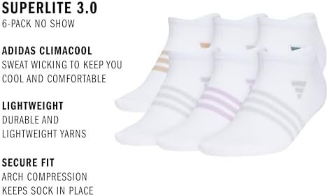 adidas Women's Superlite 3.0 No Show Athletic Socks (6-Pair) Low-Profile Fit with Targeted Padding and Arch Compression