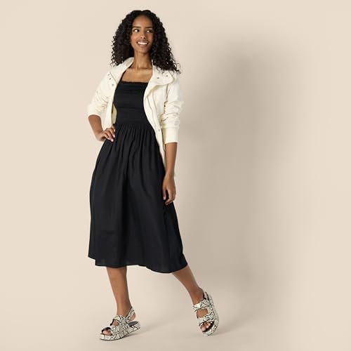 Amazon Essentials Women's Regular-Fit Cotton Sateen Smocked Bodice Midi Dress