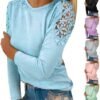 Generic Fall Shirts for Women 2024 Trendy Crew Neck Long Sleeves Blouses Tops Dressy Casual Lace Floral Shoulder Basic Shirt