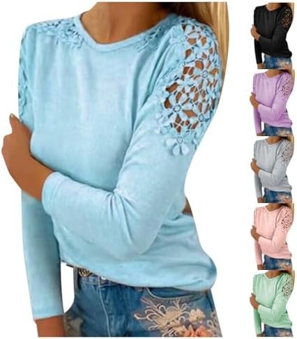 Generic Fall Shirts for Women 2024 Trendy Crew Neck Long Sleeves Blouses Tops Dressy Casual Lace Floral Shoulder Basic Shirt