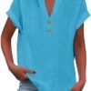 Summer Tops for Women 2025 Trendy Short Sleeve Cotton Linen Shirt Casual Button v Neck Tunic Blouses Outfits