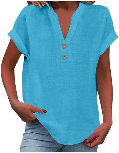 Summer Tops for Women 2025 Trendy Short Sleeve Cotton Linen Shirt Casual Button v Neck Tunic Blouses Outfits