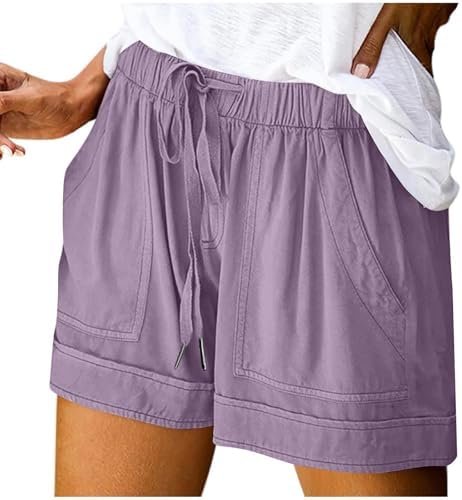 Shorts for Women Trendy Summer 2025 Casual Beach Cotton Linen Drawstring Elastic Waist Plus Size Shorts Pockets